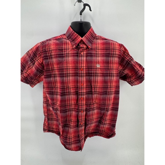 Cinch Men's Short Sleeve Plaid Button Up Shirt Red Burgundy/Orange Size S - Picture 2 of 5